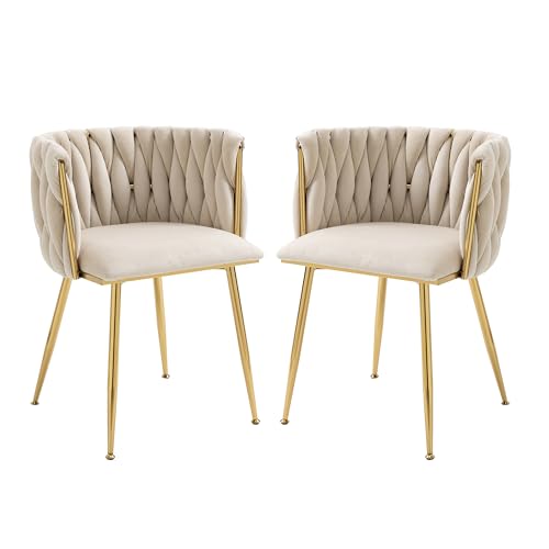 Samt-Esszimmerstühle 2er-Set mit Handgewebtem Design & Goldmetallbeinen – Luxuriöse Velours-Sessel mit Gepolsterter Rückenlehne, Stabilem 8-Bein-Rahmen, Anti-Rutschfüßen für Esszimmer, Büro von Transplant