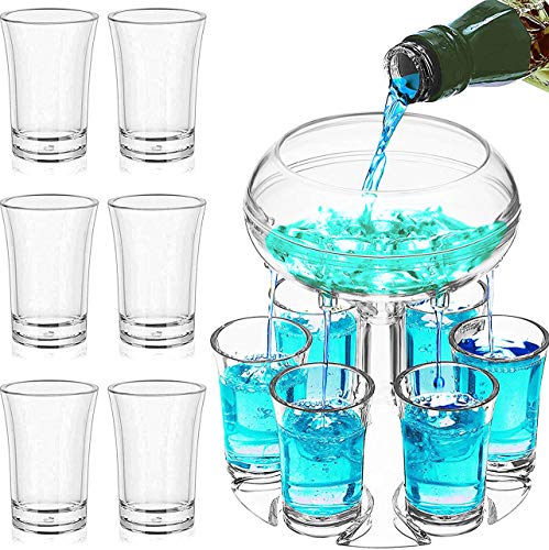 Schnapsspender und Halter mit 6 Schnapsgläser Plastik - Shot Gläser Getränkespender für Gin Whisky, Ausgießer Spirituosen Shot Verteiler Lustig Jägermeister Geschenke, Bar Party Saufen Zubehör(Klar) von Transplant