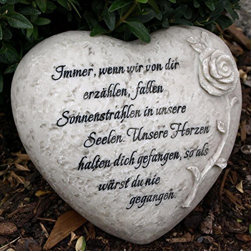 Immer wenn wir von dir erzählen, Fallen Sonnenstrahlen in unsere Seelen. Grabschmuck Trauerherz mit Trauerspruch. Durchmesser 18cm, Harz, für Hochzeit von Trauer-Shop