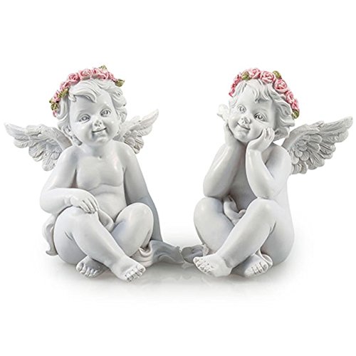 Trauer-Shop Engelfiguren weiß mit Rosenblüten Kopfschmuck rosa. 2 Modelle, 2 Stück von Trauer-Shop