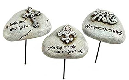 Trauersteine mit Trauerspruch und Motiv an Metallstecker. 3 Modelle, 3 Stück von Trauer-Shop