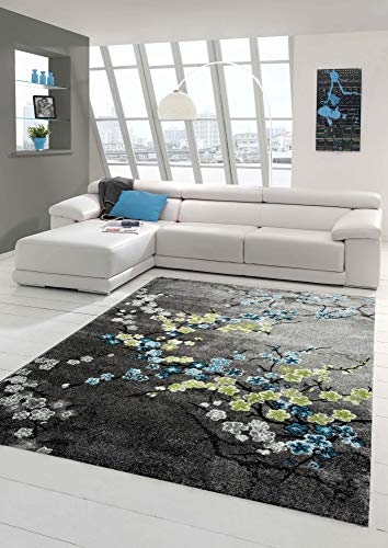 Designer Teppich Moderner Teppich Wohnzimmer Teppich Blumenmotiv Grau Türkis Grün Weiss Größe 120x170 cm von Traum