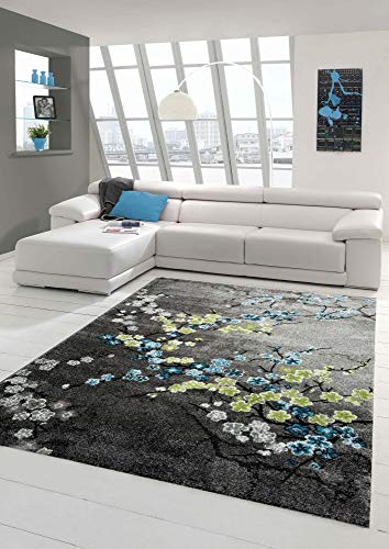 Designer Teppich Moderner Teppich Wohnzimmer Teppich Blumenmotiv Grau Türkis Grün Weiss Größe 80x150 cm Designer Teppich Moderner Teppich Wohnzimmer Teppich Blumenmotiv Grau Türkis Grün Weiss Größe 80x150 cm von Traum