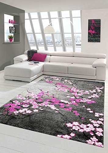 Designer Teppich Moderner Teppich Wohnzimmer Teppich Blumenmuster Grau Lila Pink Weiss Rosa Größe 60x110 cm von Teppich-Traum