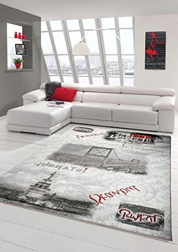 Designer Teppich Moderner Teppich Wohnzimmer Teppich Istanbul Motiv Grau Creme Rot Schwarz Größe 80x150 cm von Merinos