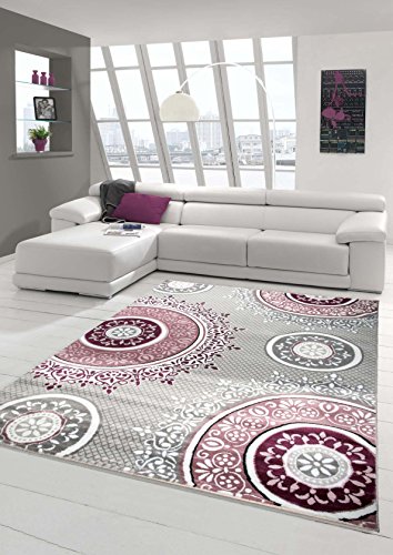 Designer Teppich Moderner Teppich Wohnzimmer Teppich Klassisch Gemustert Kreis Ornamente in Pink Lila Grau Creme Größe 200 x 290 cm von Teppich-Traum