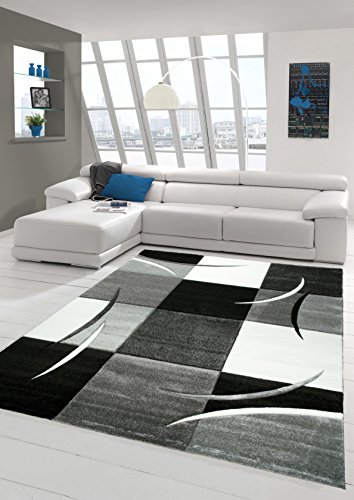 Designer Teppich Moderner Teppich Wohnzimmer Teppich Kurzflor Teppich mit Konturenschnitt Karo Muster Grau Weiss Schwarz Größe 60x110 cm von Teppich-Traum