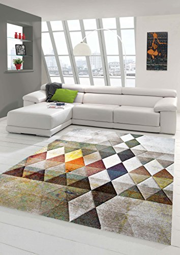 Designer Teppich Moderner Teppich Wohnzimmer Teppich Kurzflor Teppich mit Konturenschnitt Karo Muster Multi Farben Orange Grün Braun Größe 120x170 cm von Teppich-Traum