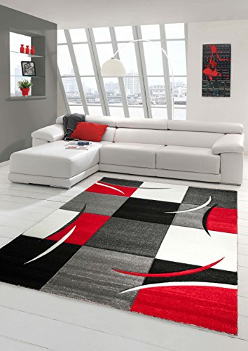 Designer Teppich Moderner Teppich Wohnzimmer Teppich Kurzflor Teppich mit Konturenschnitt Karo Muster Rot Grau Weiß Schwarz Größe 60x110 cm von Teppich-Traum