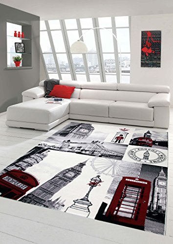 Designer Teppich Moderner Teppich Wohnzimmer Teppich London Motiv Creme Grau Rot Schwarz Größe 200 x 290 cm von Teppich-Traum