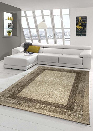 Designer Teppich Moderner Teppich Wohnzimmer Teppich Velours Kurzflor Teppich mit Winchester Bordüre in Braun Beige Creme Größe 120x170 cm von Traum