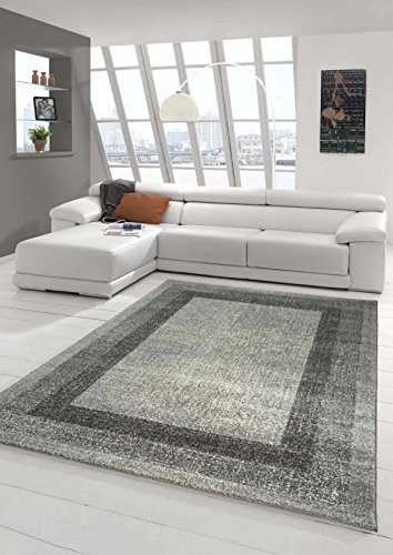 Designer Teppich Moderner Teppich Wohnzimmer Teppich Velours Kurzflor Teppich mit Winchester Bordüre in Grau Creme Größe 120x170 cm von Teppich-Traum