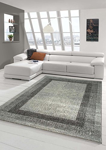 Designer Teppich Moderner Teppich Wohnzimmer Teppich Velours Kurzflor Teppich mit Winchester Bordüre in Grau Creme Größe 200 x 290 cm von Teppich-Traum