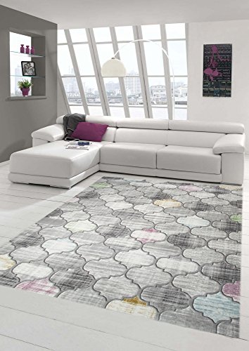 Designer und Moderner Teppich Kurzflor Marokkanisches Muster in Grau Lila Senfgelb Größe 120x170 cm von Teppich-Traum
