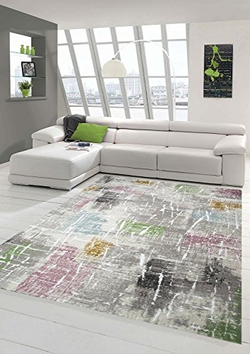 Designer und Moderner Teppich Kurzflor Wohnzimmerteppich in Lila Beige Grün Blau Größe 80 x 300 cm von Teppich-Traum