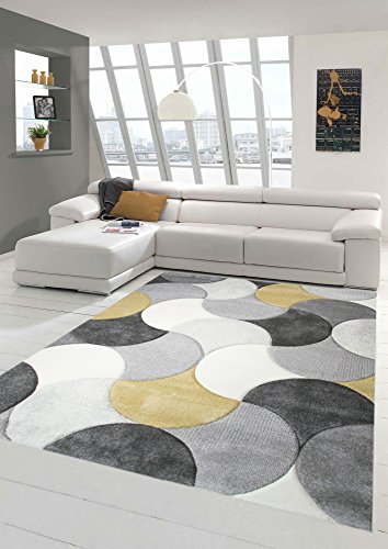 Designer und Moderner Teppich Kurzflor mit Tropfen Muster in Gelb Grau Creme Größe 80 x 300 cm von Teppich-Traum