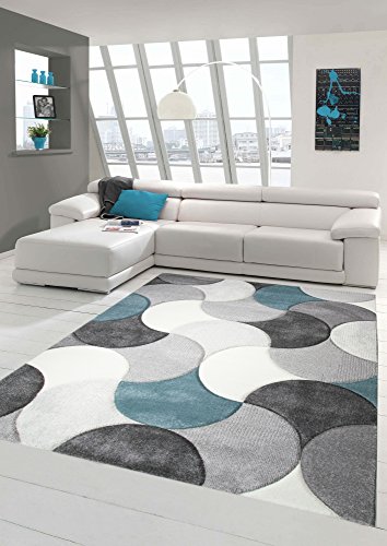 Designer und Moderner Teppich Kurzflor mit Tropfen Muster in Türkis Grau Beige Größe 80 x 300 cm von Teppich-Traum