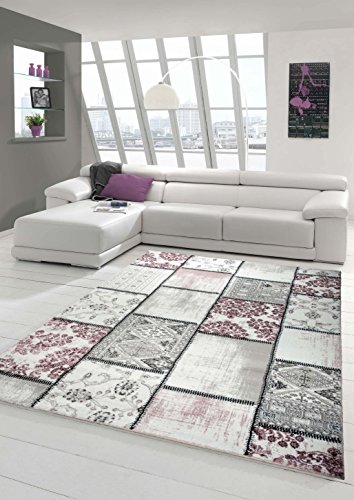 Edler Designer Teppich Moderner Teppich Wohnzimmer Teppich Patchwork Vintage Meliert Karo Muster in Lila Creme Grau Rosa Schwarz Größe 80 x 300 cm von Teppich-Traum