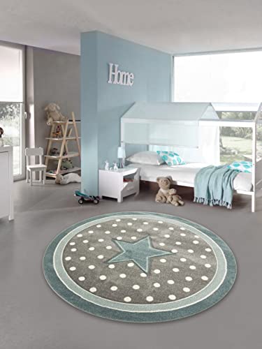 Kinderteppich Kinderzimmerteppich Babyteppich rund Stern in Türkis Grau Weiss Größe 120 cm Rund von Teppich-Traum