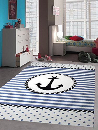 Kinderteppich Maritim Kinderzimmerteppich Jungen Teppich mit Anker in Blau Creme Größe 120 cm Rund von Teppich-Traum