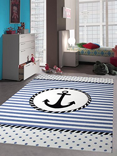 Traum Kinderteppich Maritim Kinderzimmerteppich Jungen Teppich mit Anker in Blau Creme Größe 200 x 290 cm von Teppich-Traum