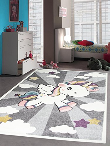 Kinderteppich Spielteppich Babyteppich mit Einhorn Regenbogen in Grau Creme Größe 120 cm Rund von Traum