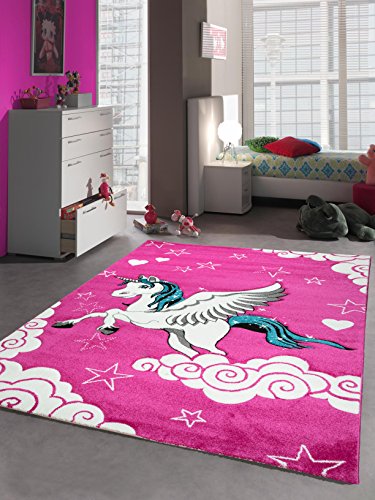 Kinderteppich Spielteppich Kinderzimmer Teppich Einhorn Design mit Konturenschnitt Pink Creme Türkis Größe 160x230 cm von Traum