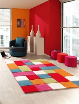 Kinderteppich Spielteppich Kinderzimmerteppich Karomuster Teppich Multicolour in Rot Türkis Orange Creme Grün Pink, Größe 80x150 cm von Teppich-Traum