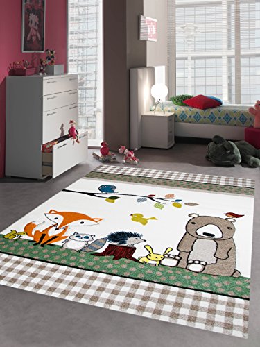 Kinderteppich Spielteppich Kinderzimmerteppich Tiere mit Bär Fuchs Hase Igel Eule Vögel in Beige Braun Orange, Größe 80x150 cm von Teppich-Traum