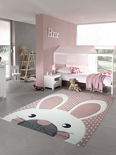 Kinderteppich Spielteppich Teppich Kinderzimmer Babyteppich Hase in Rosa Weiss Grau Größe 120 cm Rund von Teppich-Traum