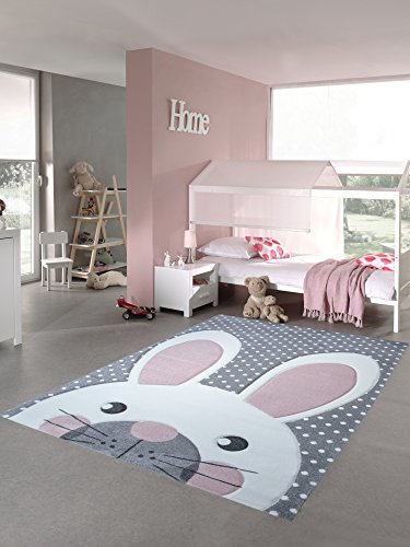 Kinderteppich Spielteppich Teppich Kinderzimmer Babyteppich Hase in Rosa Weiss Grau Größe 120x170 cm von Teppich-Traum