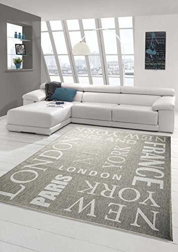 Traum Teppich Küchenläufer Flachgewebe Teppich Sisal Optik modernes Design Städte New York London Paris City in grau weiß Größe 60x110 cm von Teppich-Traum