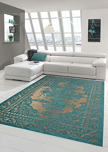 Moderner Teppich Designer Teppich Orientteppich Wohnzimmer Teppich mit Bordüre in Türkis Beige Größe 80 x 250 cm von Traum