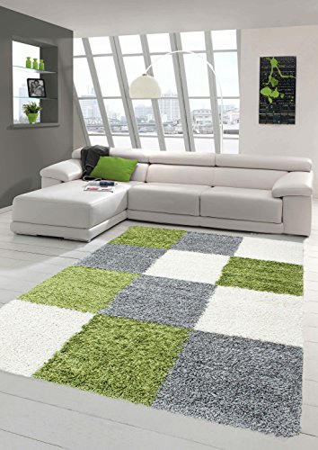 Shaggy Teppich Hochflor Langflor Teppich Wohnzimmer Teppich Gemustert in Karo Design Grün Grau Creme Größe 60x110 cm von Traum