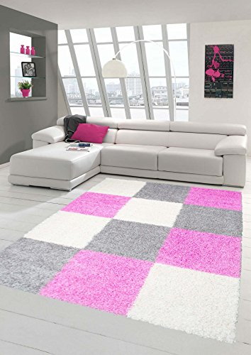 Shaggy Teppich Hochflor Langflor Teppich Wohnzimmer Teppich Gemustert in Karo Design Pink Grau Creme Größe 60x110 cm von Teppich-Traum