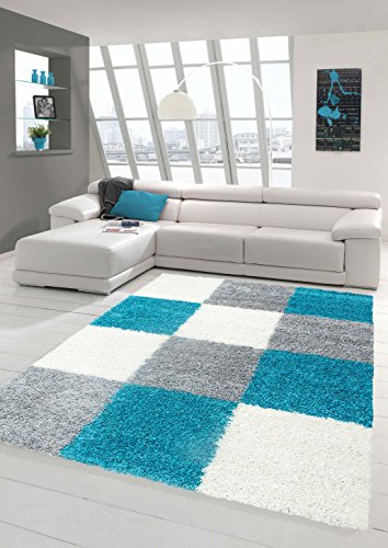 Shaggy Teppich Hochflor Langflor Teppich Wohnzimmer Teppich Gemustert in Karo Design Türkis Grau Creme Größe 200 x 290 cm von Teppich-Traum