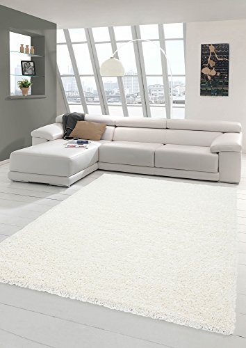 Shaggy Teppich Hochflor Langflor Teppich Wohnzimmer Teppich Gemustert in Uni Design Cream Größe 80 cm Rund von Teppich-Traum