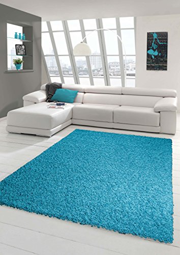 Shaggy Teppich Hochflor Langflor Teppich Wohnzimmer Teppich Gemustert in Uni Design Türkis Größe 120 cm Rund von Teppich-Traum