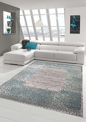 Traum Teppich Designerteppich Moderner Teppich Wohnzimmerteppich Kurzflor Bordüre und Ornamente mit Konturenschnitt in Grau Türkis, Größe 80x150 cm von Teppich-Traum