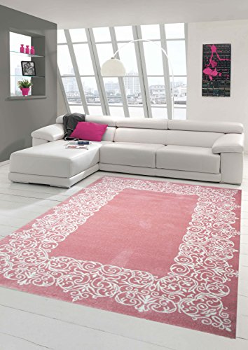 Traum Teppich Designerteppich Moderner Teppich Wohnzimmerteppich Kurzflor Teppich mit Bordüre Rosa Weiß, Größe 240x340 cm von Traum