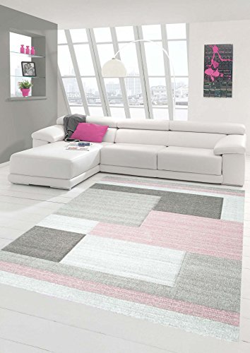 Traum Teppich Designerteppich Moderner Teppich Wohnzimmerteppich Kurzflor Teppich mit Konturenschnitt Karo Muster Pastellfarben Rosa Beige, Größe 80x300 cm von Teppich-Traum