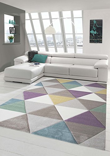 Traum Teppich Designerteppich Moderner Teppich für Wohnzimmer Kurzflor Teppich mit Konturenschnitt Dreieck in Lila Beige Grau, Größe 200x290 cm von Teppich-Traum