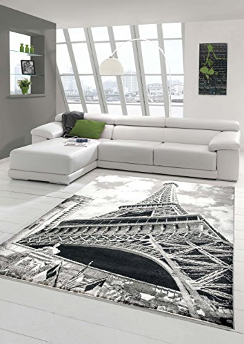 Traum Designer Teppich Moderner Teppich Wohnzimmer Teppich Eiffelturm Motiv Grau Schwarz Creme Größe 120x170 cm von Teppich-Traum
