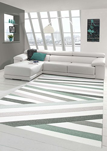 Traum Designer Teppich Moderner Teppich Wohnzimmer Teppich Kurzflor Teppich mit Konturenschnitt Gestreift Pastellfarben Grün Creme Beige Größe 80x150 cm von Teppich-Traum