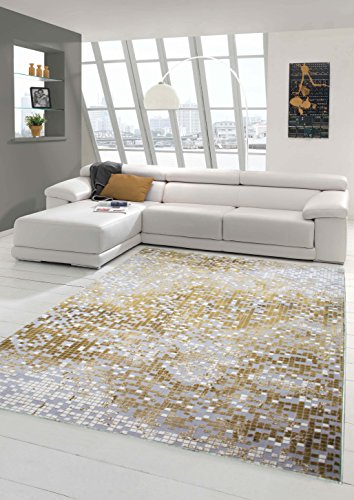 Traum Designer Teppich Moderner Teppich Wohnzimmer Teppich Kurzflor Teppich mit Konturenschnitt Kariert in Grau Senfgelb Creme Größe 80 x 300 cm von Teppich-Traum