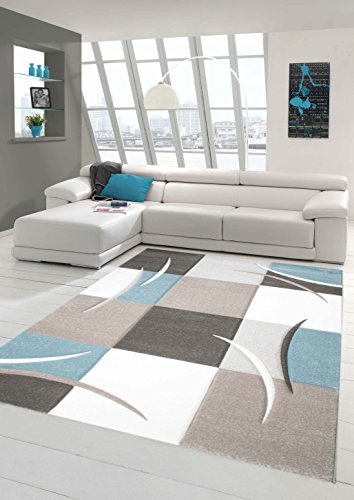 Traum Designer Teppich Moderner Teppich Wohnzimmer Teppich Kurzflor Teppich mit Konturenschnitt Karo Muster Pastellfarben Blau Creme Beige Dunkelgrau Größe 80x150 cm von Traum