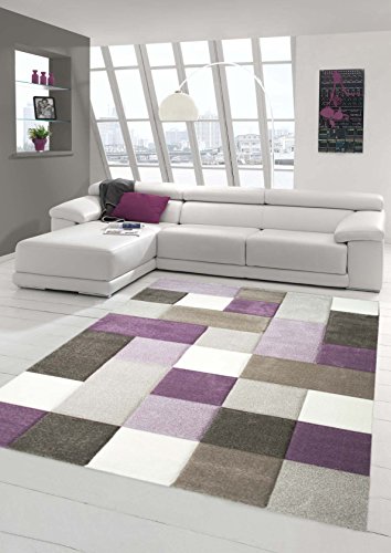 Designer und Moderner Teppich Pastell Farben in Karo Muster Lila Creme Beige Größe 200 x 290 cm von Teppich-Traum