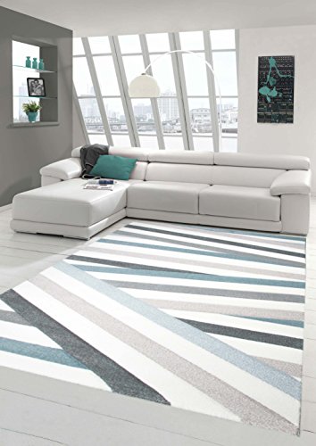 Traum Teppich Designerteppich Moderner Teppich Wohnzimmerteppich Kurzflor Teppich mit Konturenschnitt Gestreift Grau Blau Weiß, Größe 80x300 cm von Traum
