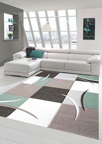 Traum Teppich Designerteppich Moderner Teppich Wohnzimmerteppich Kurzflor Teppich mit Konturenschnitt Karo Muster Grau Grün Weiß, Größe 200x290 cm von Traum