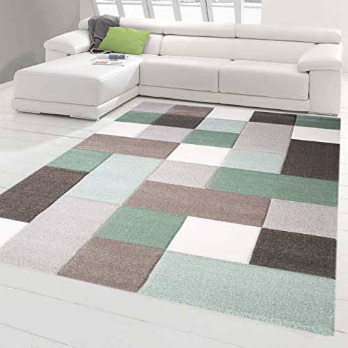 Traum Teppich Designerteppich Moderner Teppich Wohnzimmerteppich Kurzflor mit Konturschnitt (Karo Muster) Öko-Tex in Grau Grün Weiß, Größe 200x290 cm von Traum